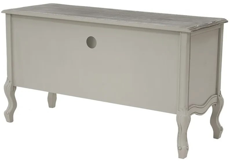 Provence krémfehér koptatott vintage 2 ajtós TV asztal fiókkal faragott díszítéssel 68x120x45cm