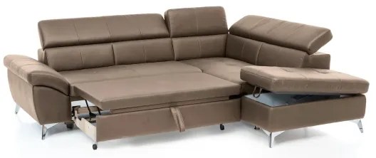 Bőrkárpitos, jobbos, barna, L-alakú, kihúzható SALERNO II sarokkanapé