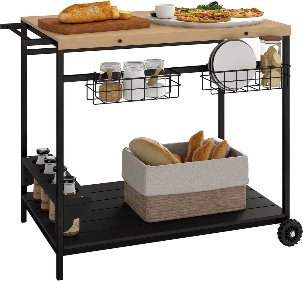 Outsunny Fa Görgős Tálalókocsi 2 Polccal, 2 Fém Kosárral és Boros Üveg Tartókkal Kerthez és Teraszhoz 97,5x65x81 cm Természetes és Fekete | Aosom