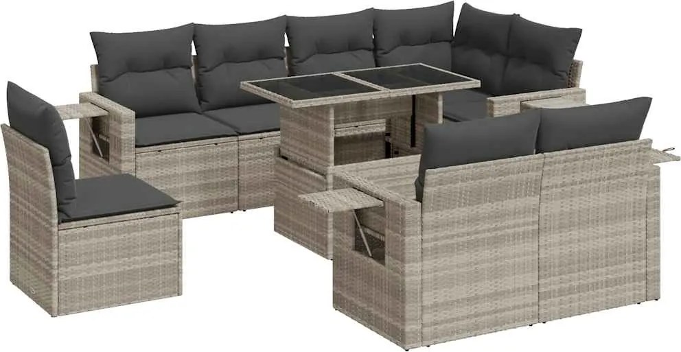 vidaXL 9 részes világosszürke polyrattan kerti ülőgarnitúra párnával