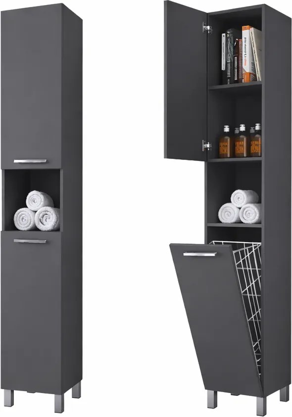 NORMANDIA 30 || Matt antracit szürke, fürdőszoba szekrény, szennyestartóval, tárolóval és polcokkal