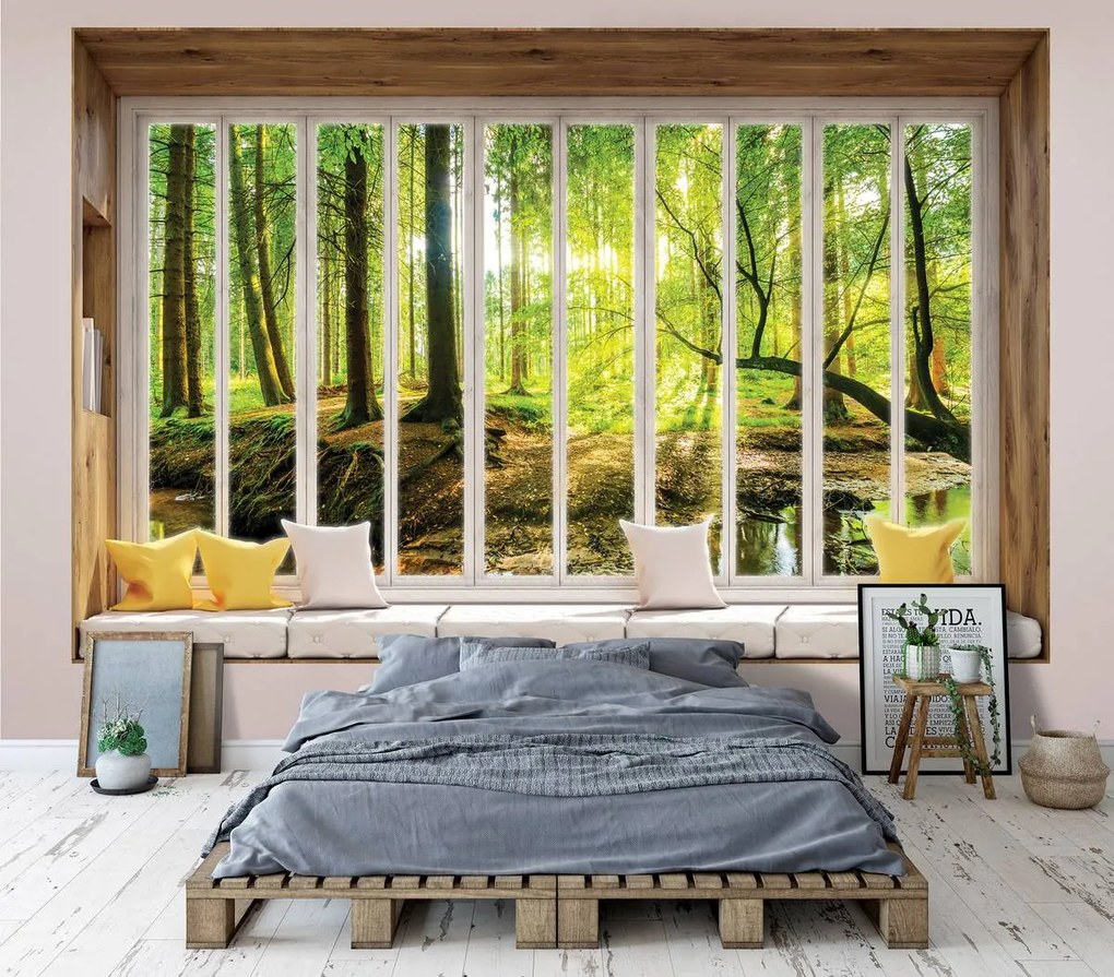 Fotótapéta - Napos kilátás az erdőre - ablak (152,5x104 cm)