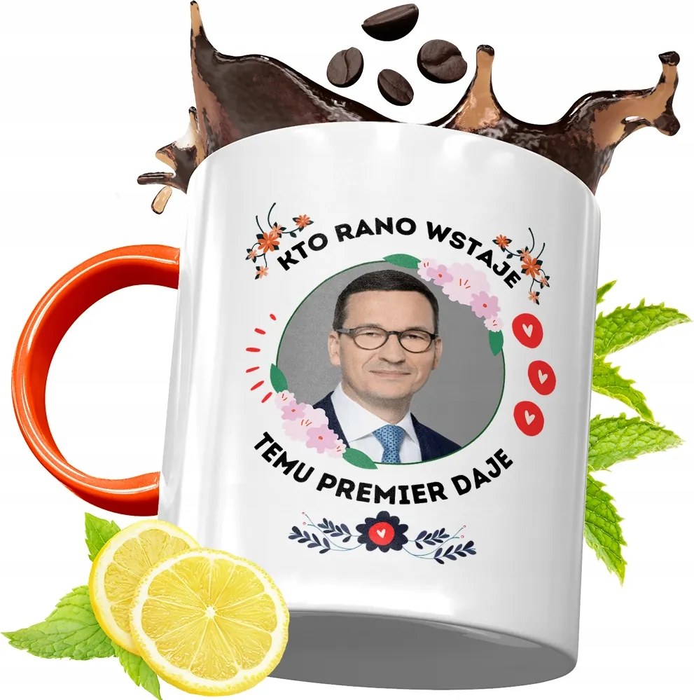 Narancssárga Bögre Mateusz Morawiecki Ajándék fényképes nyomtatással