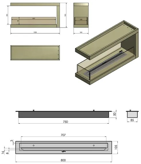 InFire - Sarok BIO kandalló 100x50 cm 3kW kétoldalú