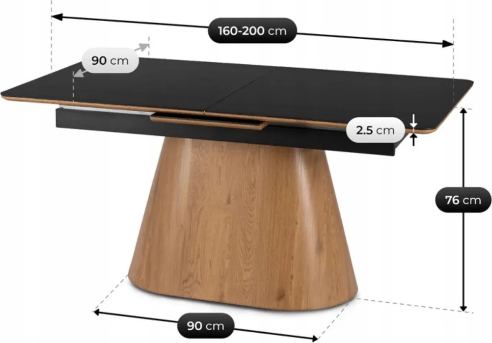 Kihúzható kerámia étkezőasztal 160–200 cm méretben, fekete/tölgy színben LIZBONA