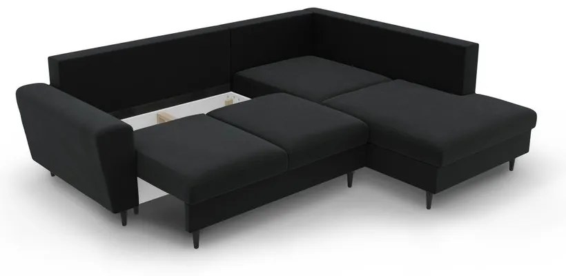 Fekete bársony kinyitható tárolóhelyes sarokkanapé (jobb oldali-L alakú) Kyoto – Cosmopolitan Design