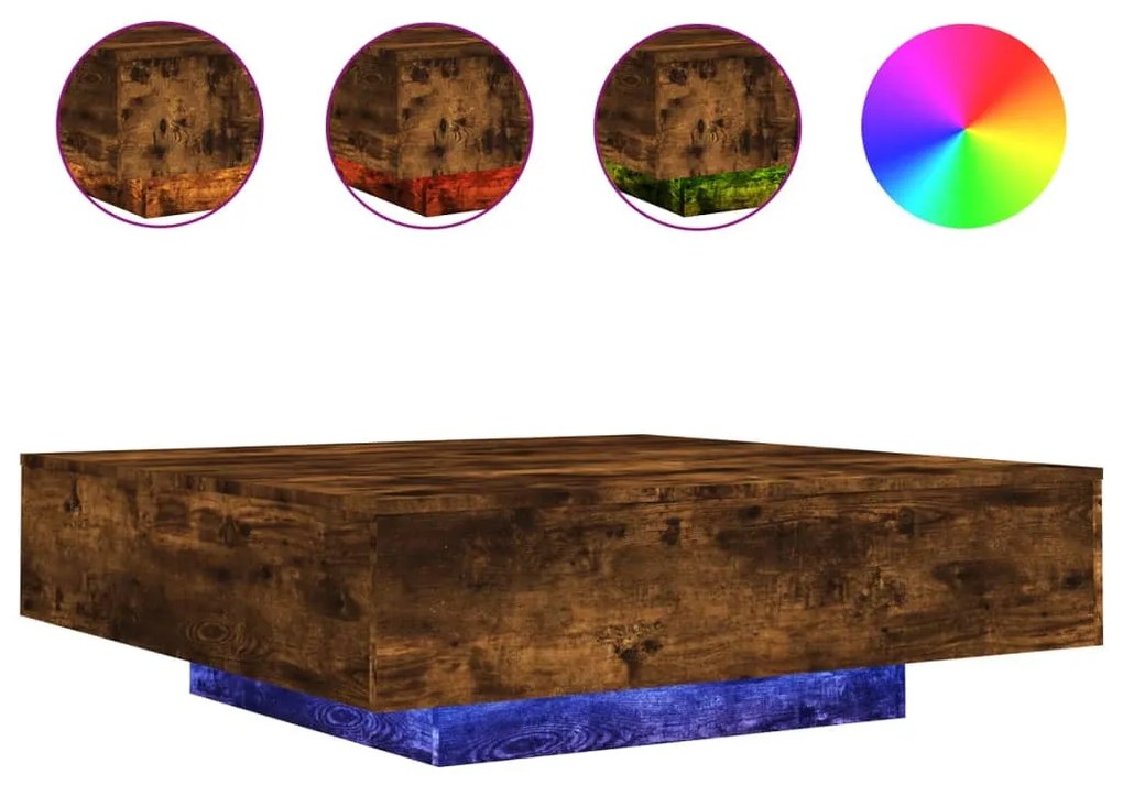 Füstös tölgy színű dohányzóasztal LED-lámpákkal 100x100x31 cm