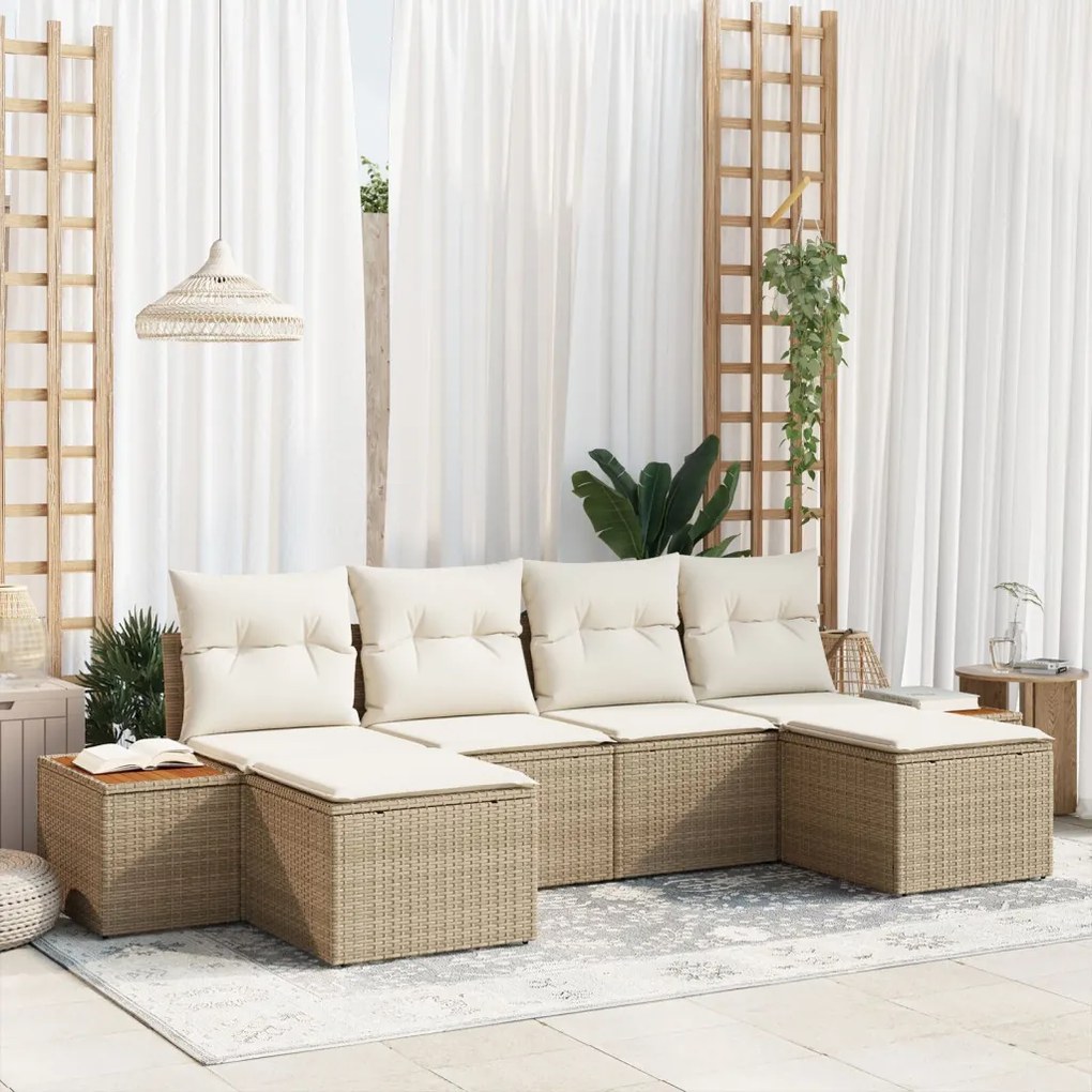 6 darabos kertibútor szett párnákkal Bézs Poli Rattan Acacia