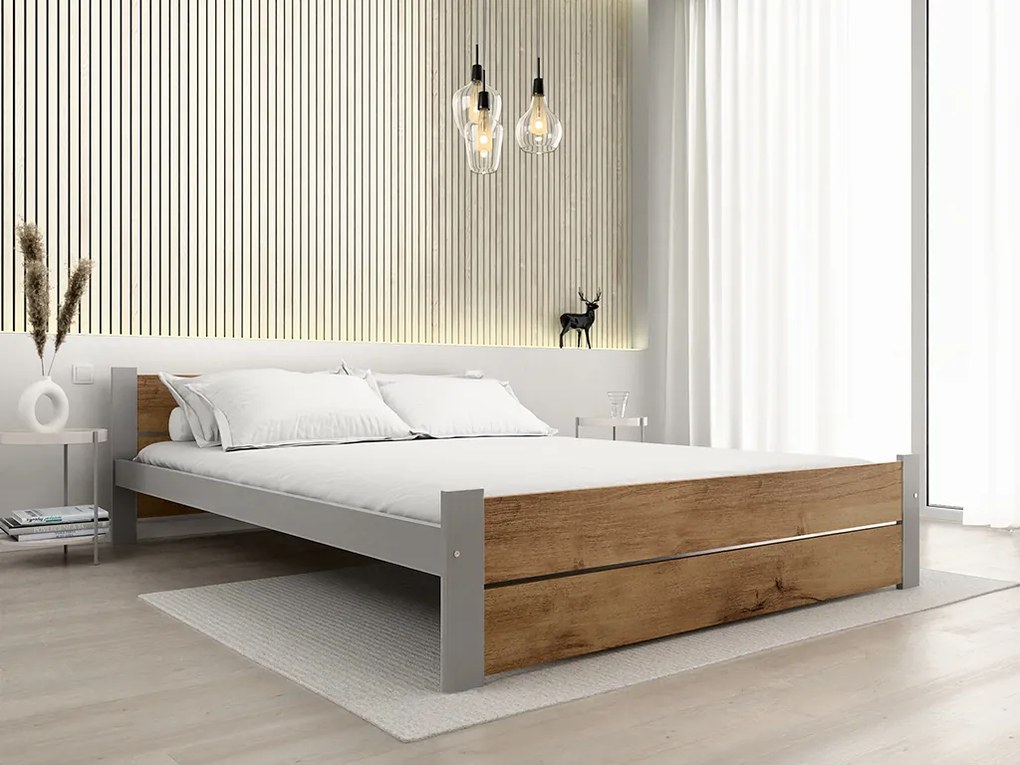 Ágy IKAROS DOUBLE 180 x 200 cm, artisan tölgy/szürke Matrac: Deluxe 10 cm matraccal, Ágyrács: Lamellás ágyráccsal