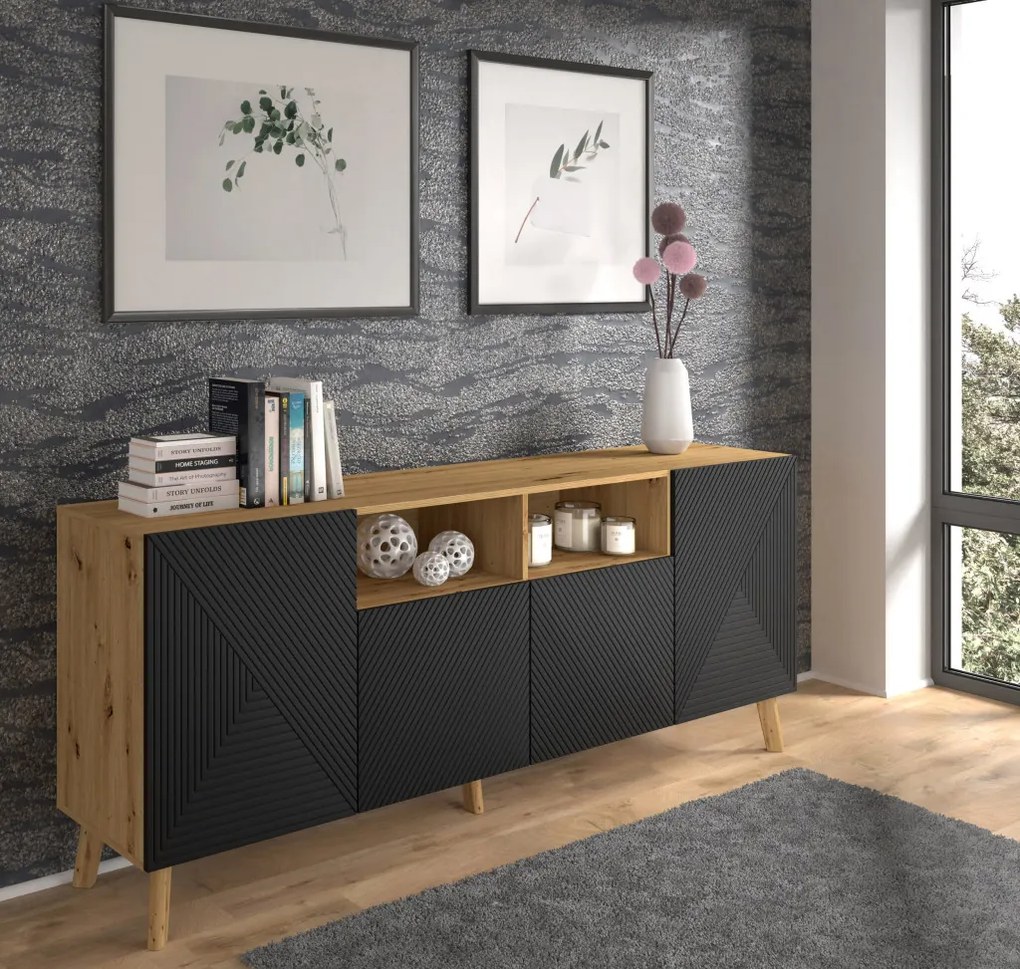 4 ajtós komód artisan tölgy színben, fekete fronttal LUXI 195