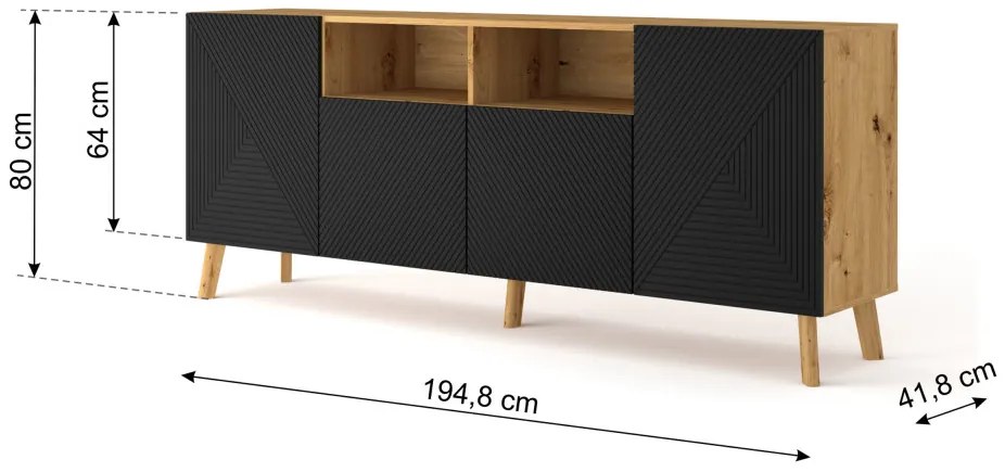 Comodă Cu 3 Uși Culoarea Stejarului Artizanal Cu Front Negru Luxi 146 Comodă