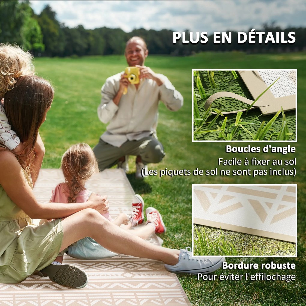 Outsunny Kétoldalas Kerti Szőnyeg 3,7 x 2,7 m, időjárásálló polipropilén talajmatrac geometrikus falmintával, hordtáskával, kültéri teraszszőnyeg, kha