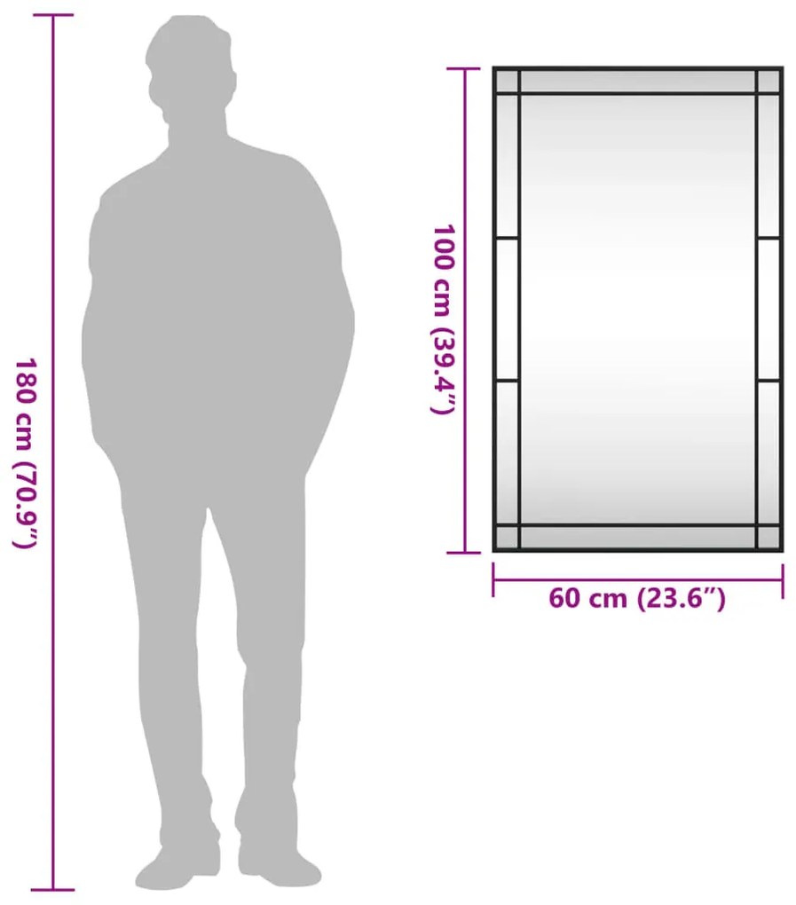 fekete téglalap alakú vas fali tükör 60 x 100 cm