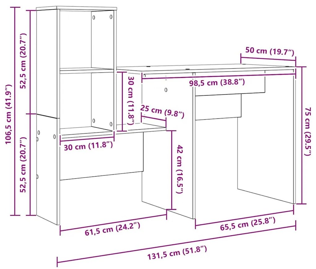 Asztal polcokkal Szürke sonoma 131.5 x 50 x 106.5 cm Faanyag