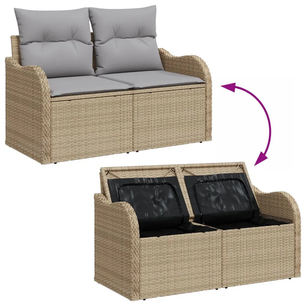 8 részes bézs poly rattan kerti kanapé szett párnákkal, 2 személyes kerti kanapé tárolóval és párnákkal bézs poly rattan