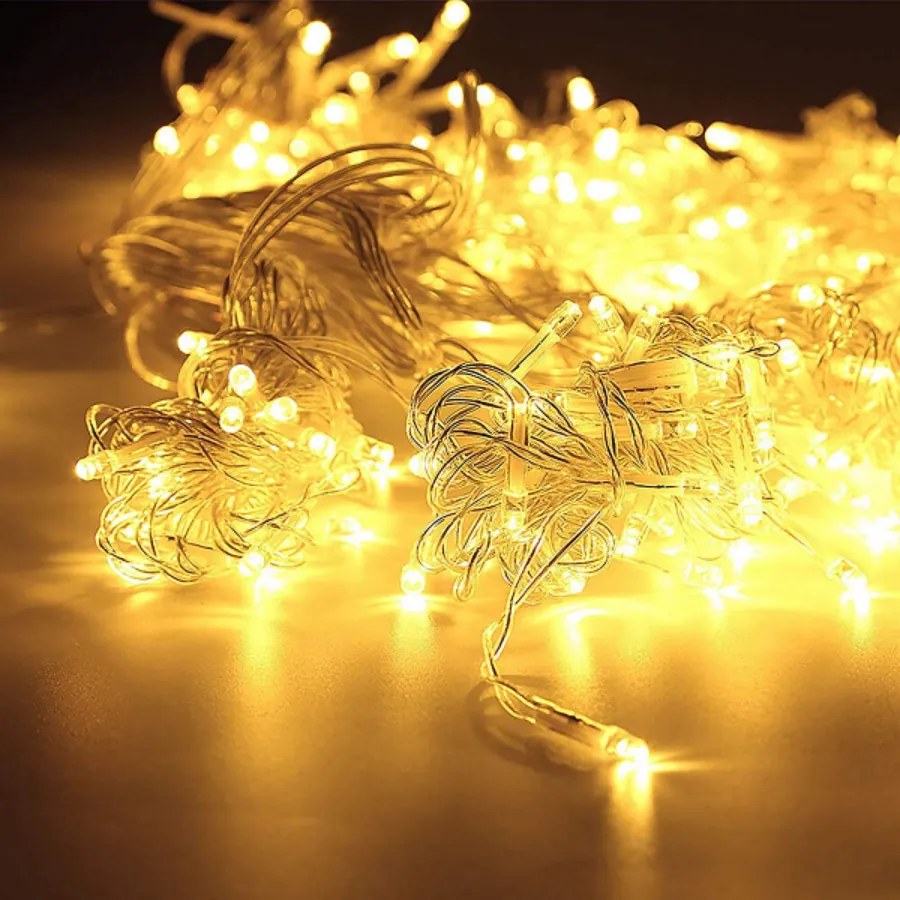 192 LED-es elemes fényfüzér, átlátszó vezetékkel, időzíthető 6/18 órás, 8 féle fényjátékkal meleg fehér, 14 m