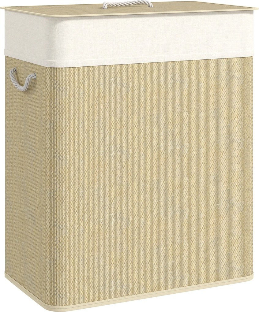 HOMCOM Bambusz Ruhatároló Fedéllel 100L Ruhás Kosár 2 Rekeszsel, Kivehető Belső Táskával a Mosókonyhához és Hálószobához, 52x32x63 cm Natúr | Aosom
