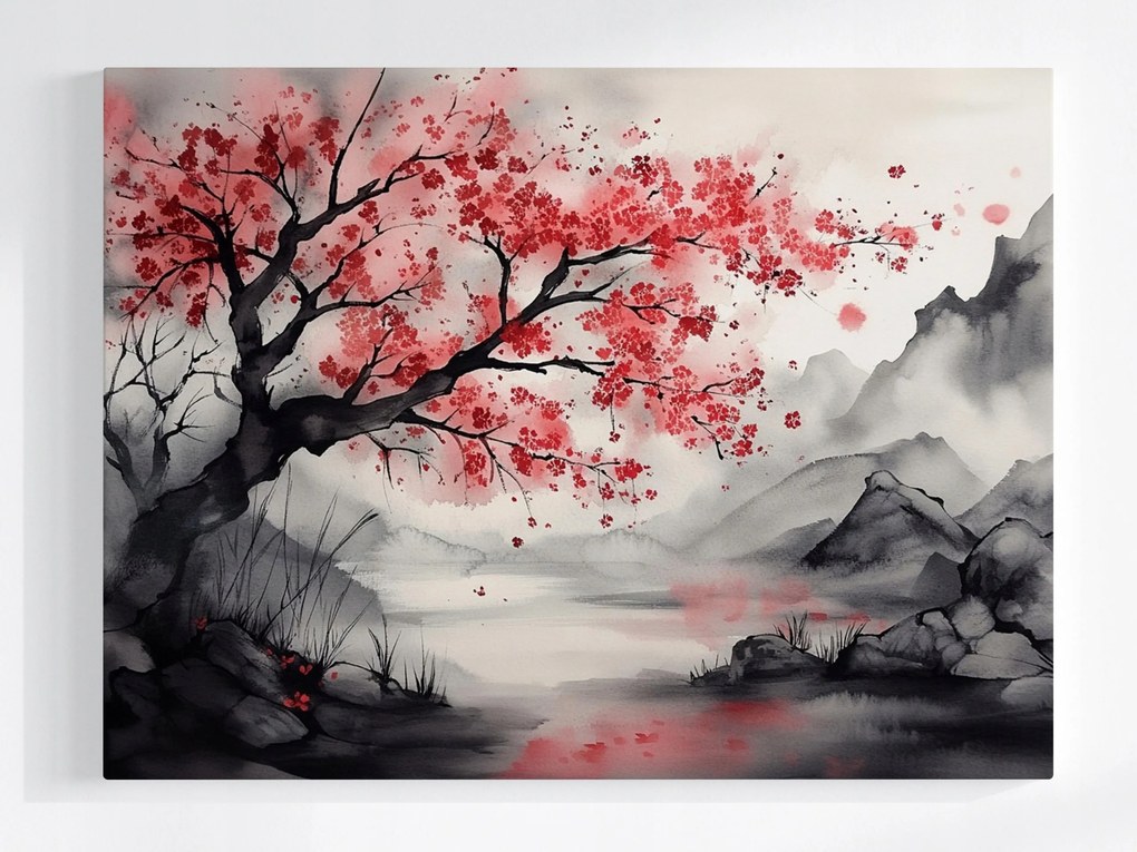 Poszter Ázsia Hegyek Tó Cseresznyefa Sakura Zen 100x75