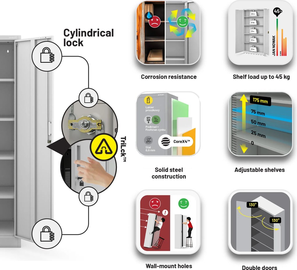 Fémszekrény JAN Compact 1750 x 800 x 400 mm, szürke