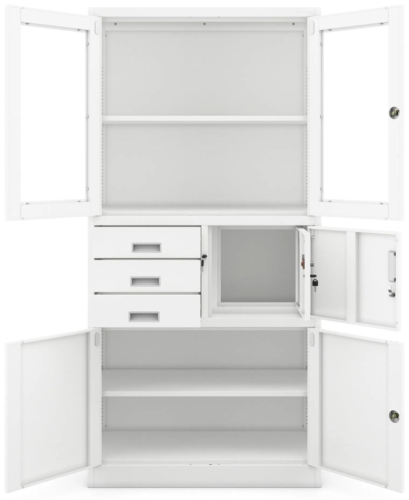 Fém iratszekrény széffel, vitrinnel és fiókokkal FILIP, 900 x 1850 x 400 mm, fehér