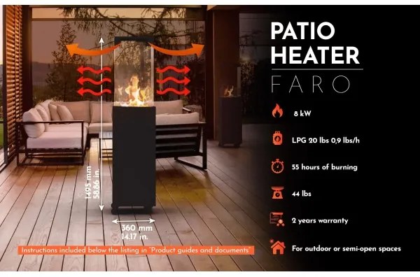 Planika Faro GAS - Kültéri gáz kandalló 142x36 cm 8kW fekete + védőborítás