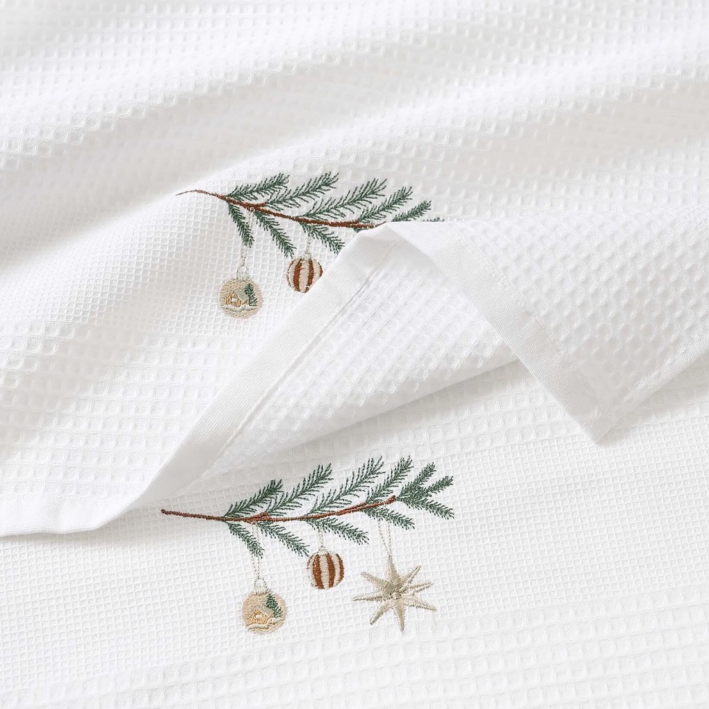 Goldea karácsonyi hímzett waffle konyharuha - gömbök az ágon fehér háttéren 50 x 70 cm