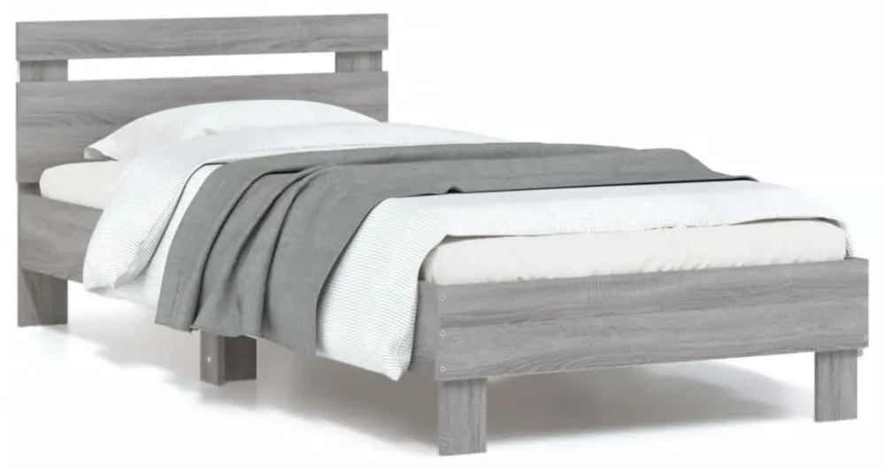 szürke sonoma színű ágykeret fejtámlával és LED-ekkel 90x200 cm