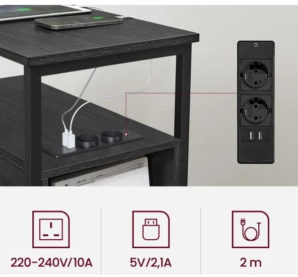 ROD fekete oldalsó asztal beépített konnektorokkal és USB-portokkal