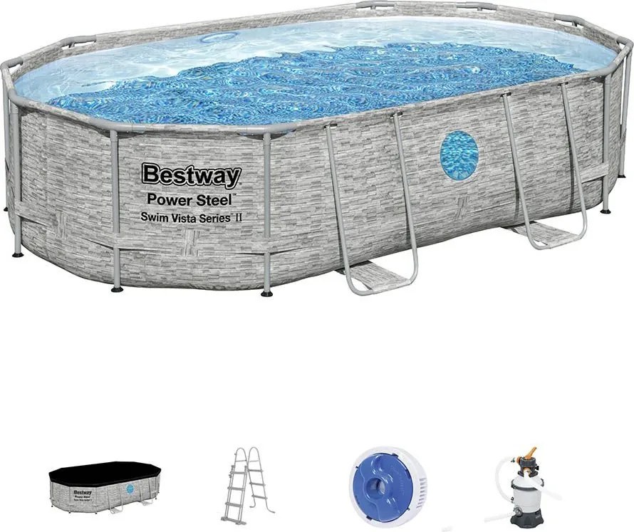 Bestway ARUBA rattan hatású fémvázas ovális medence szett ablakkal 488 x 305 x 107 cm