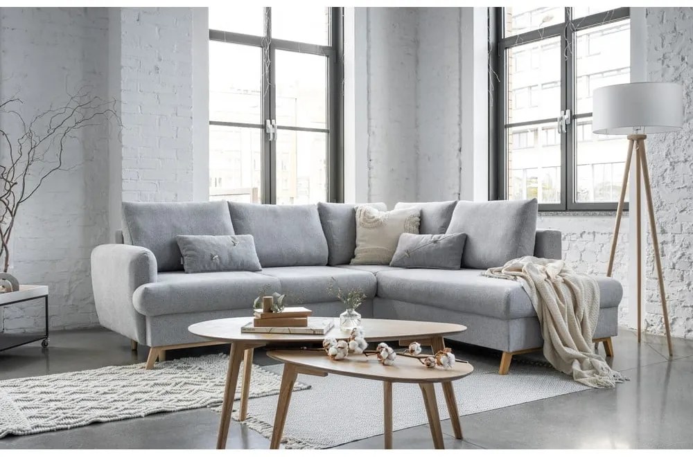 Világosszürke kinyitható-tárolóhelyes sarokkanapé (jobb oldali-L alakú) Scandic Lagom – Miuform