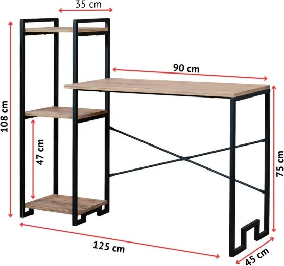 Velora íróasztal, atlanti fenyő-fekete, 125 cm