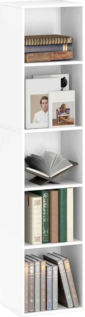 HOMCOM Könyvespolc, 5 Szintes Polcrendszer, Állítható Polcokkal, Tároló Rack Nappaliba és Hálószobába, Fehér | Aosom