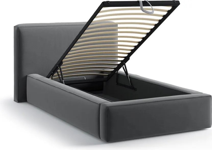 Szürke kárpitozott ágyneműtartós egyszemélyes ágy ágyráccsal 90x200 cm Jodie – Micadoni