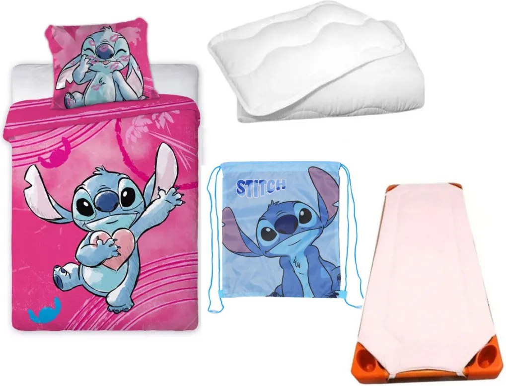 Disney Lilo és Stitch, A csillagkutya Alien Heartbeat gyerek, ovis ágyneműhuzat, derékalj, tornazsák és paplan/párna szett 100x135 cm 40x60 cm