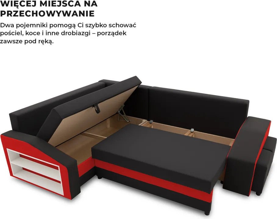 Grande sarokkanapé polcokkal és puffokkal , polc a bal karfaban puffok a jobb karfaban, baloldali, szövet anyag, bonell töltet, fekete - piros