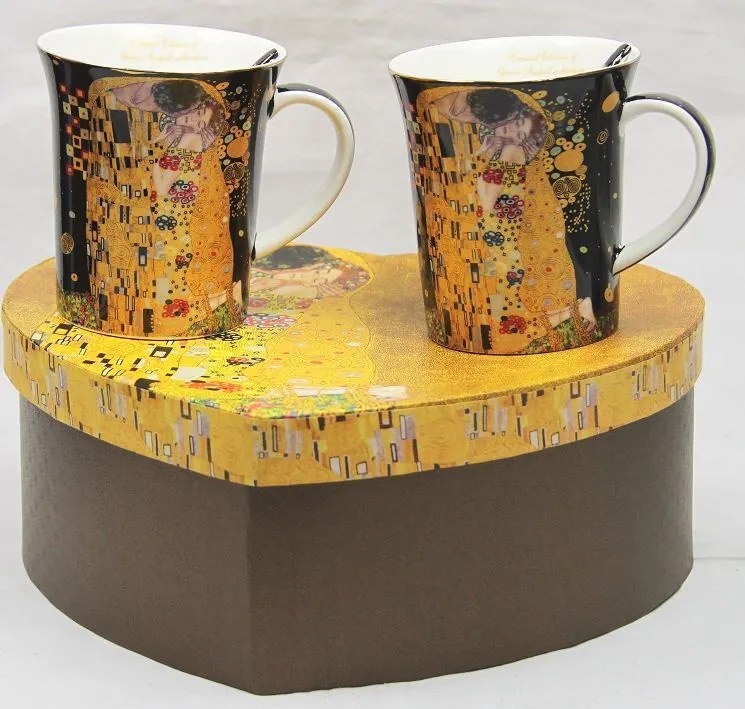 Klimt porcelán bögre szett kanállal 2 személyes szív dobozos fekete