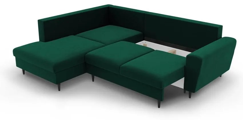 Zöld bársony kinyitható tárolóhelyes sarokkanapé (bal oldali-L alakú) Kyoto – Cosmopolitan Design