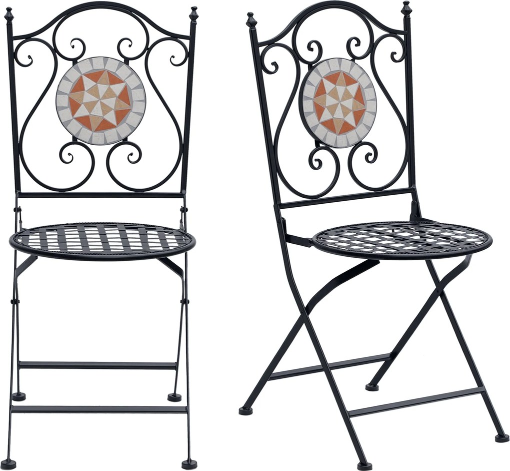 Outsunny 2 darabos összecsukható bistró kerti szék mozaiküléssel teraszra és erkélyre, 120 kg terhelhetőség, 50x40x94,5 cm, fekete | Aosom