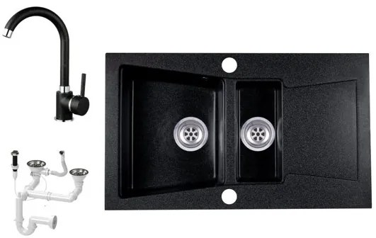 Laneo Locarno L87-515C Gránit Mosogató + Csap + Dugóemelő (fekete)