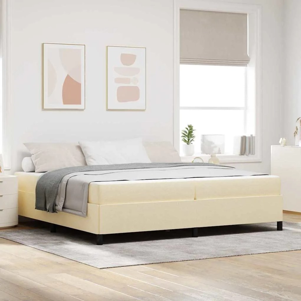 Boxrugós ágy Krém és fekete 200 x 200 cm Textil és mérnöki fa