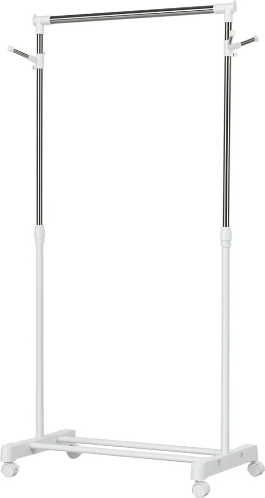 HOMCOM Standard Ruhafogó Állítható Magasságú Rúddal és Alsó Polccal Kerekeken Rozsdamentes Acél Cső 68.5x42x87-145 cm Fehér Ezüst | Aosom