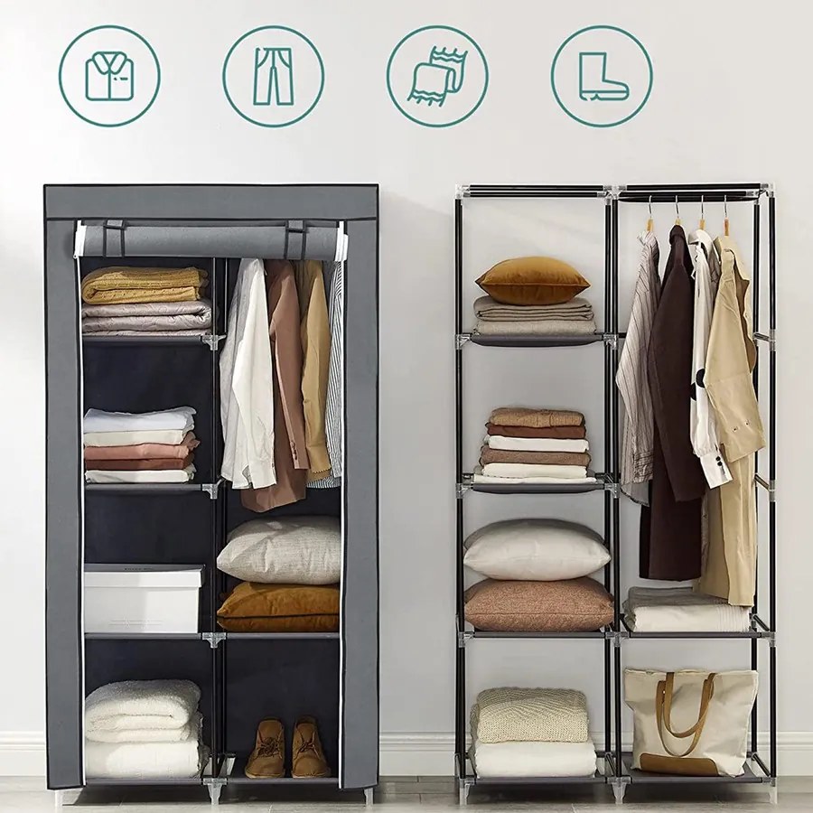 Összecsukható szövet ruhásszekrény, mobil gardrób, 88x45x 70 cm, szürke