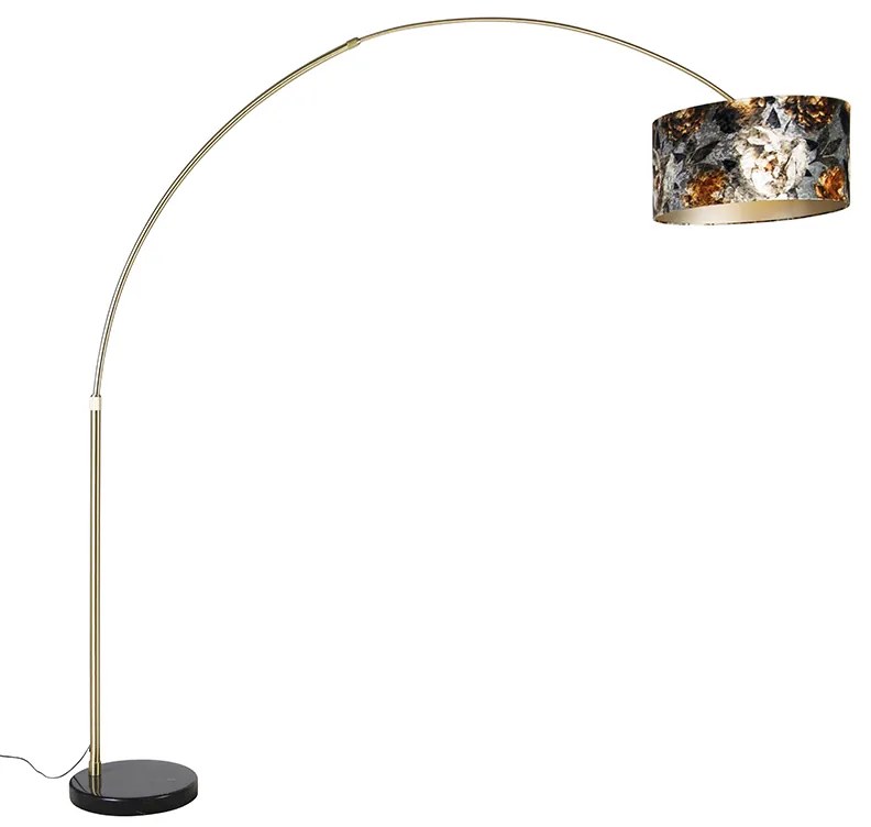 Ív lámpa sárgarézzel és fekete árnyékolóval virágmintával 50 cm - XXL