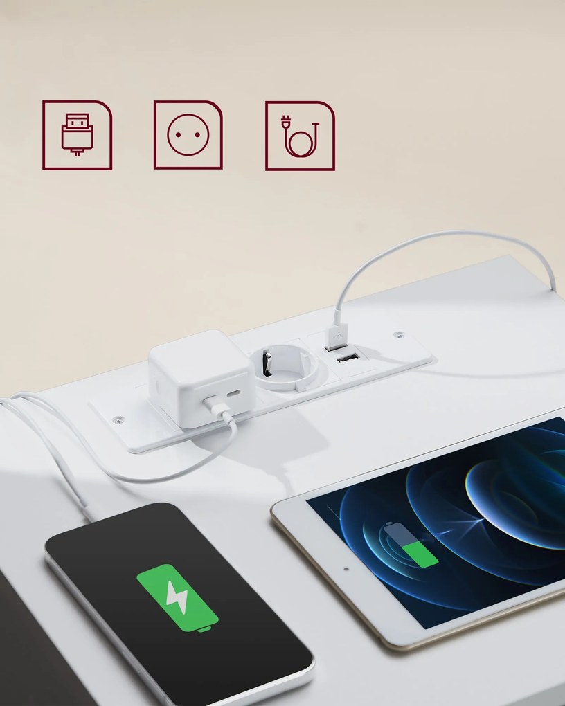 Éjjeliszekrény, oldalasztal 3 fiókkal, 2 ac aljzattal és 2 usb porttal, fehér