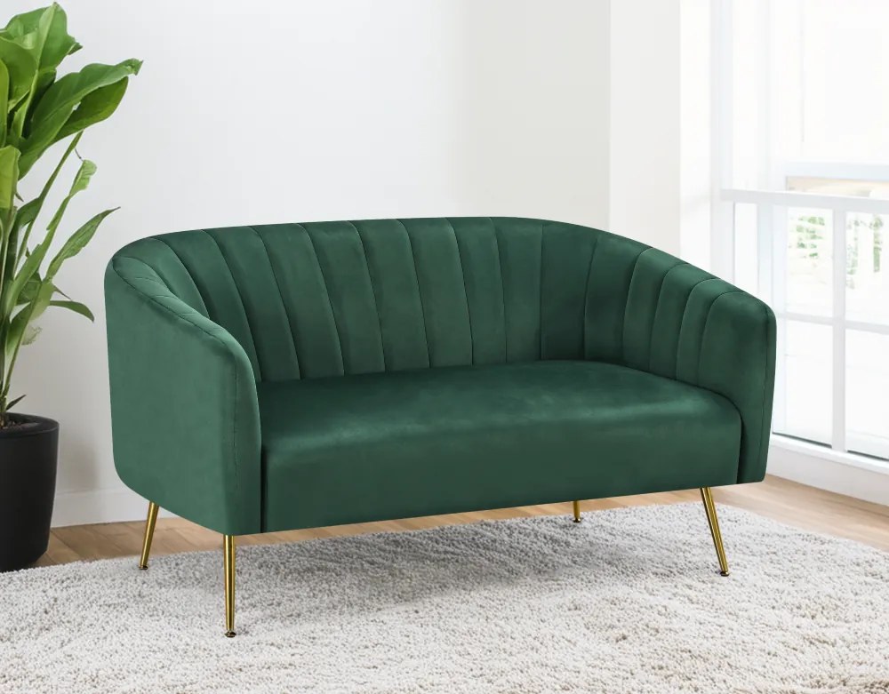 Design kétszemélyes kanapé, sötétzöld Velvet szövet/gold króm-arany, BAGY