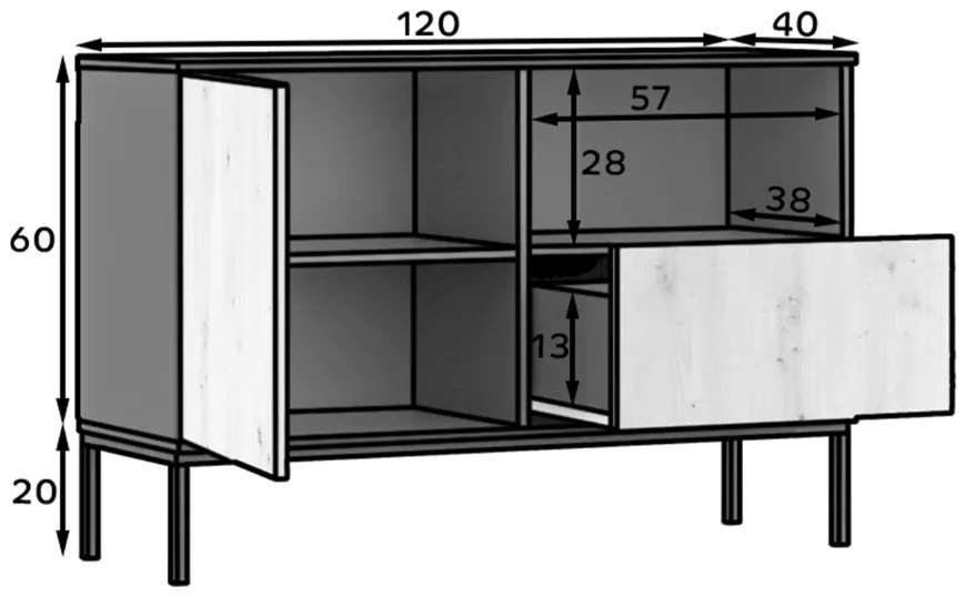 Komód LANZZI 120x40 cm, fekete/tölgyfa