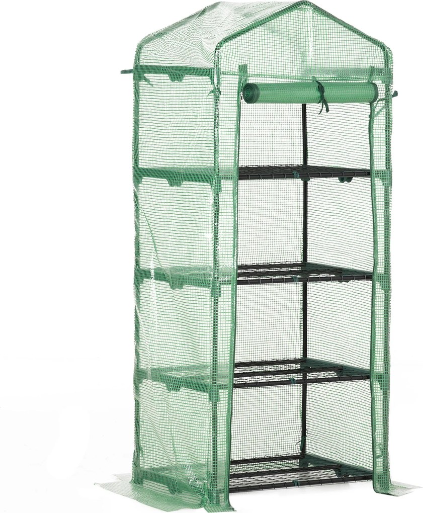 Outsunny Kerti Üvegház 4 Polccal és PE Borítással, Csőacél Otthoni Tűzhely Üvegház Növények és Virágok Neveléséhez, 70x50x160 cm Zöld | Aosom