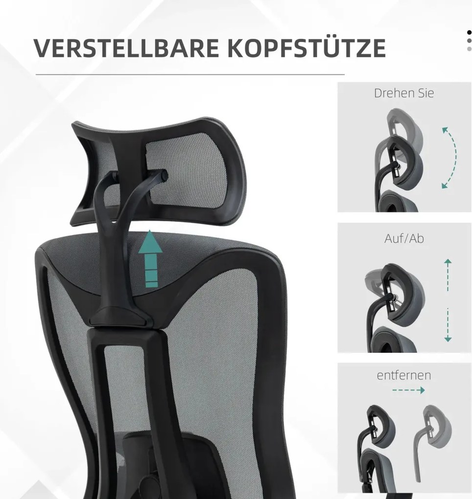 Vinsetto Ergonomikus irodai szék, 135-os dőlésszög, állítható magasság 3D, szürke