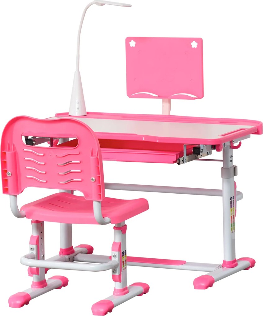 HOMCOM Gyerek Íróasztal és Szék Szett 6 Éves Kortól Magasságban Állítható Íróasztal Megdönthető Asztali Lámpa LED és Ceruza Tartó 80x49.5x82-104 cm és