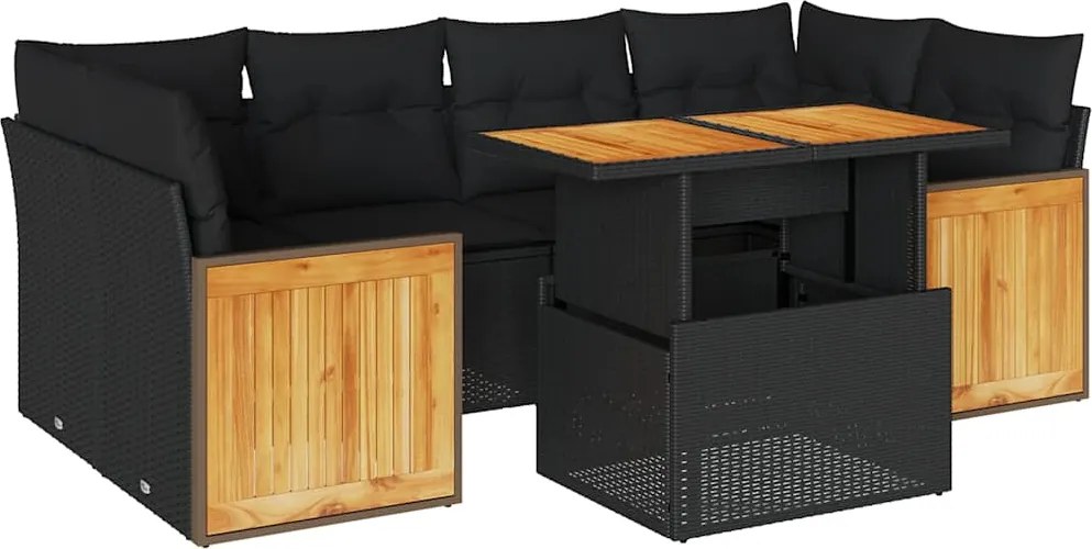 vidaXL 7 részes fekete polyrattan akácfa kerti ülőgarnitúra párnával